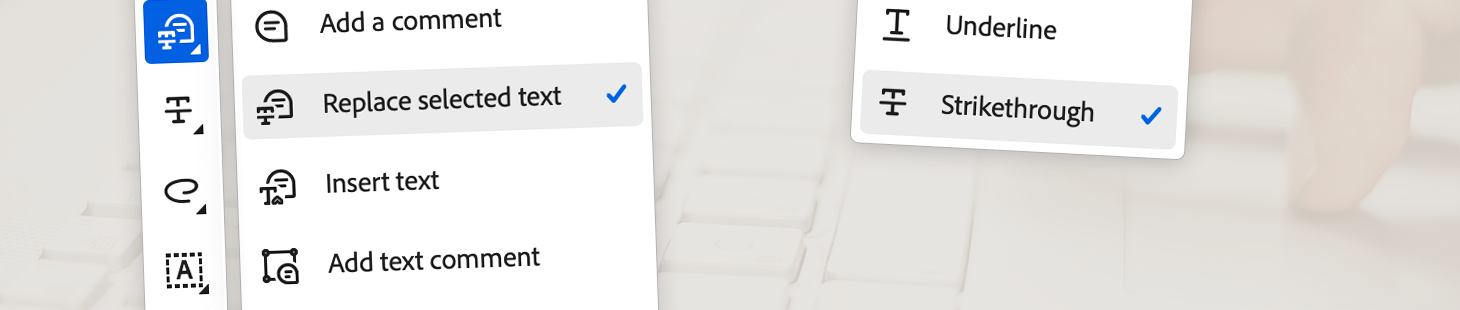 Adobe Acrobat interface showing markup tools including replace selected text and strikethrough