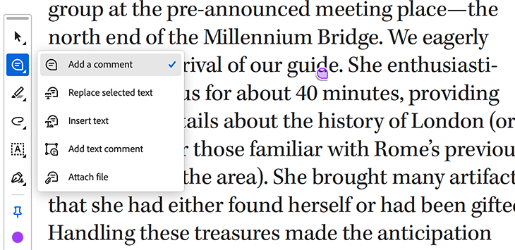 Using “Add a comment” in Acrobat without selecting text, resulting in an imprecise edit location