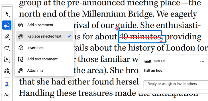 Using “Replace selected text” in Acrobat to clearly mark and update specific copy