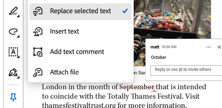 Using “Replace selected text” in Acrobat to mark a clear copy change without altering the original file