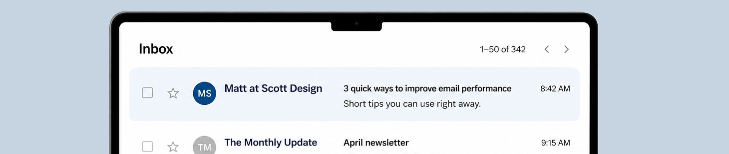 Laptop displaying an email inbox with a highlighted message about improving email performance