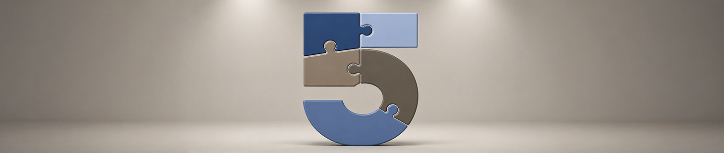 Five interlocking puzzle pieces forming the number 5 beneath overhead lights, representing the essential elements that come together to create a successful event experience