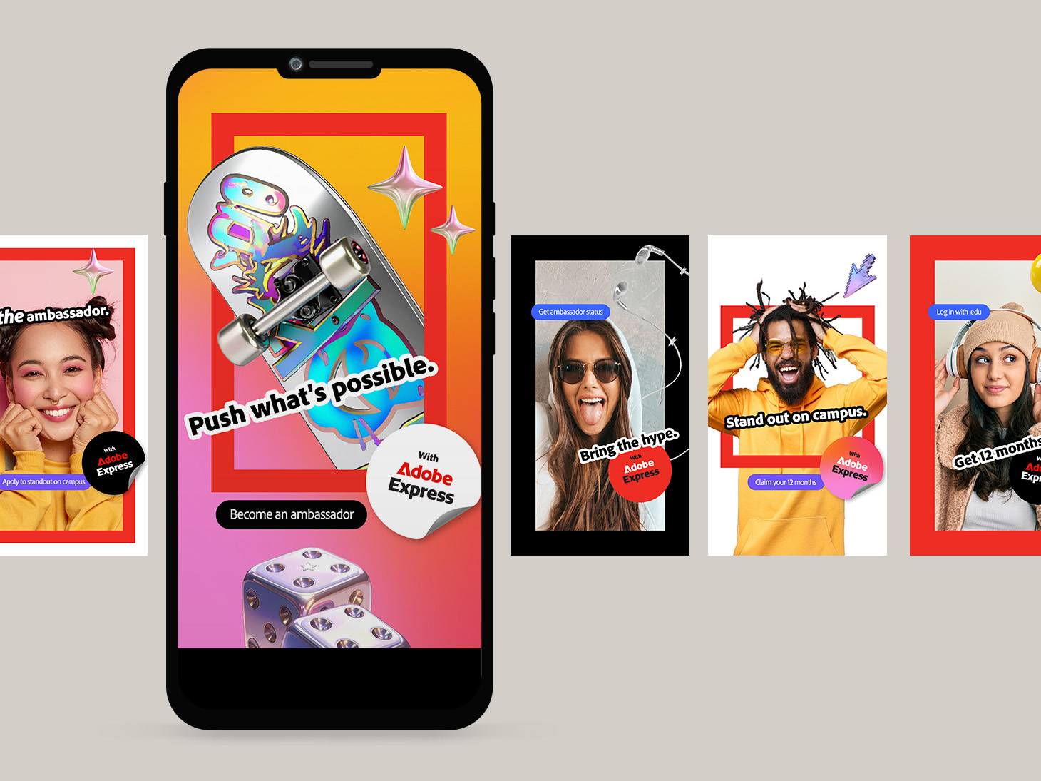 Adobe Express back-to-school ambassador campaign graphics displayed across mobile and social formats.