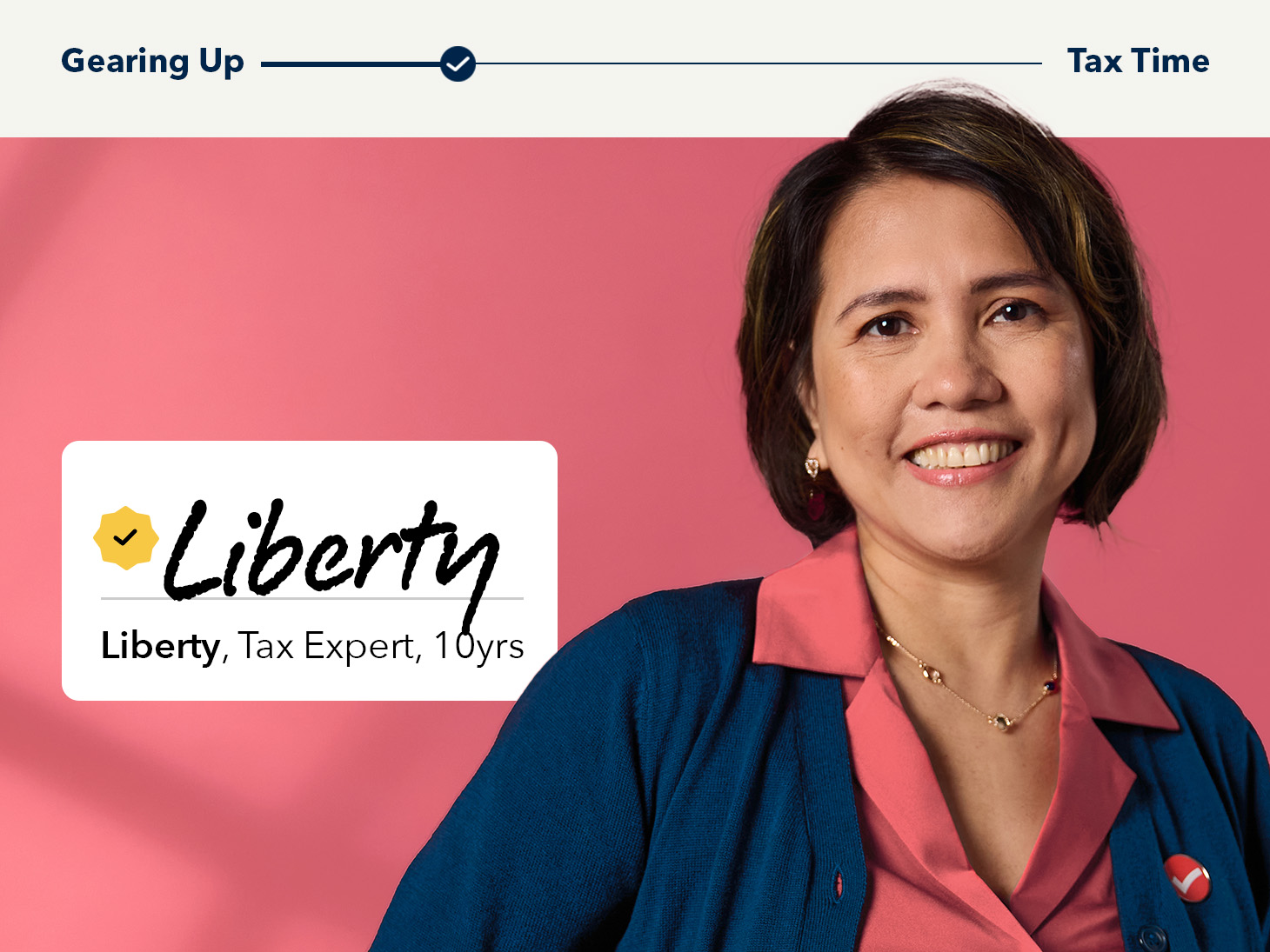 TurboTax marketing campaign image featuring portrait of tax expert with nameplate and seasonal tax messaging.