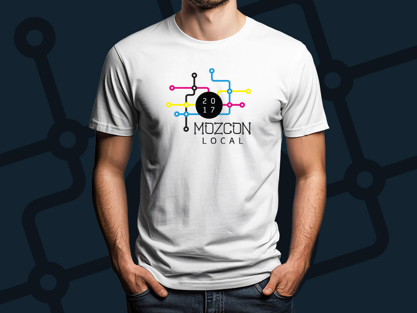 Promotional t-shirt design for MozCon Local 2017 featuring colorful circuit-inspired logo.