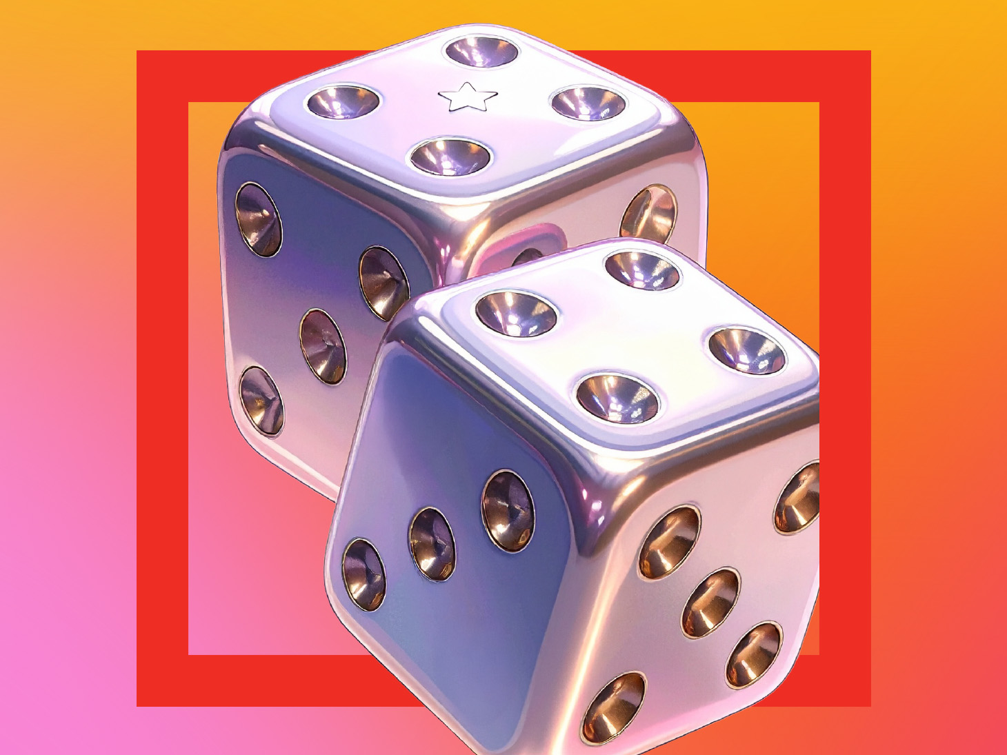 Campaign creative section link featuring chrome dice within bold red frame.