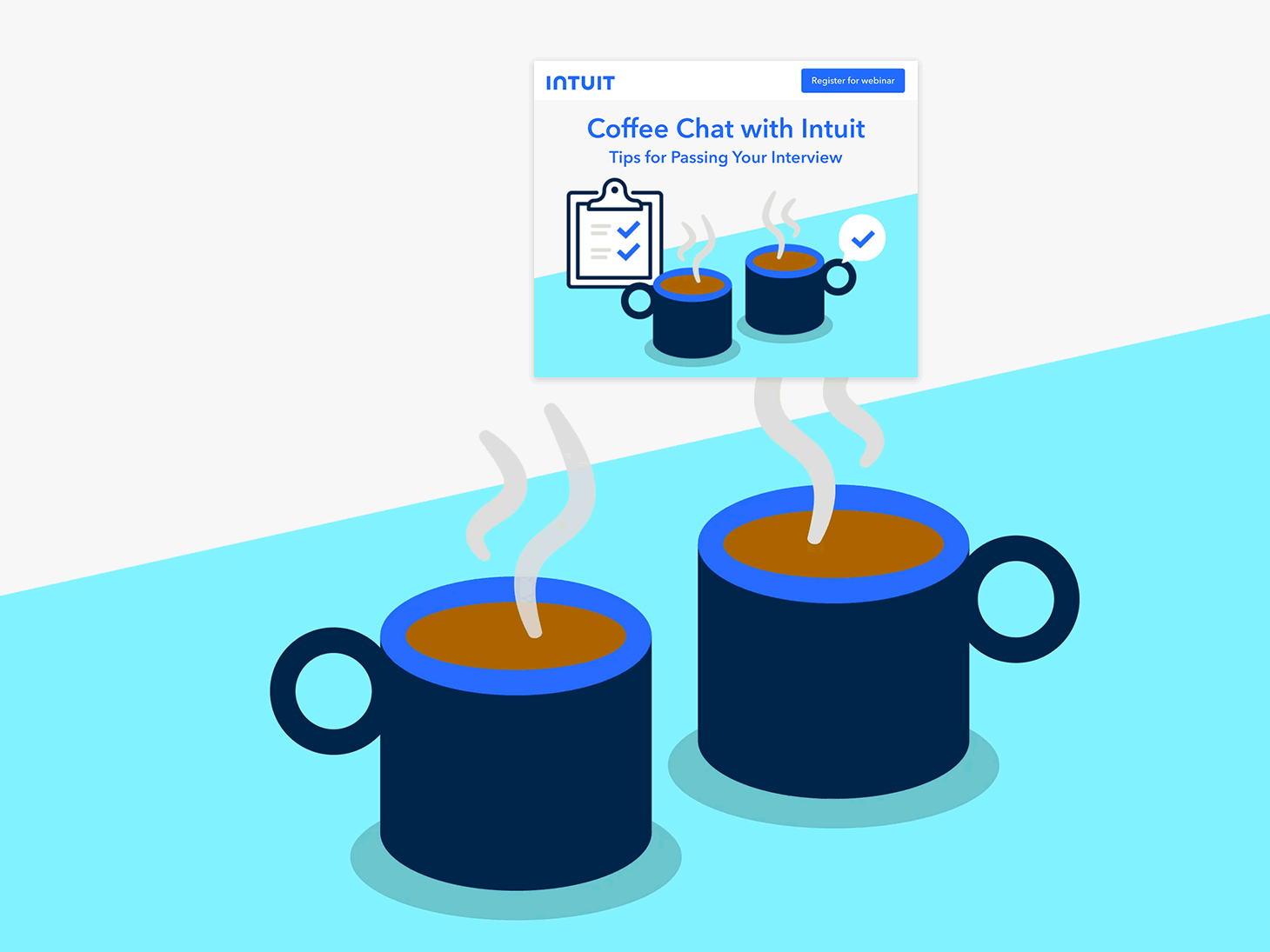 Intuit webinar animated email graphic titled “Coffee Chat with Intuit: Tips for Passing Your Interview” featuring two illustrated coffee mugs and checklist icon.