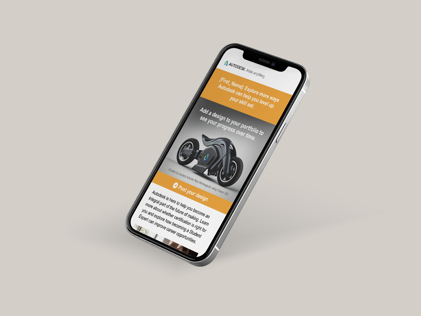 Autodesk promotional email displayed on smartphone showcasing student design submission and call-to-action button.