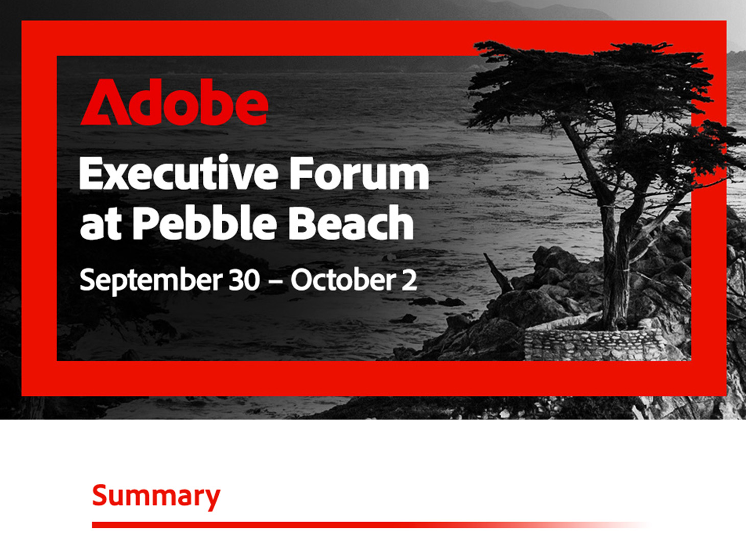 Adobe Executive Forum at Pebble Beach event OFT email header with red frame and coastal landscape background.