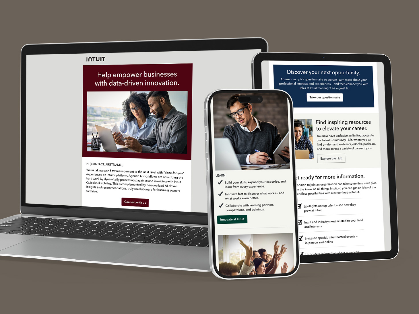 Intuit marketing email campaign displayed across laptop, tablet, and mobile devices highlighting career resources.