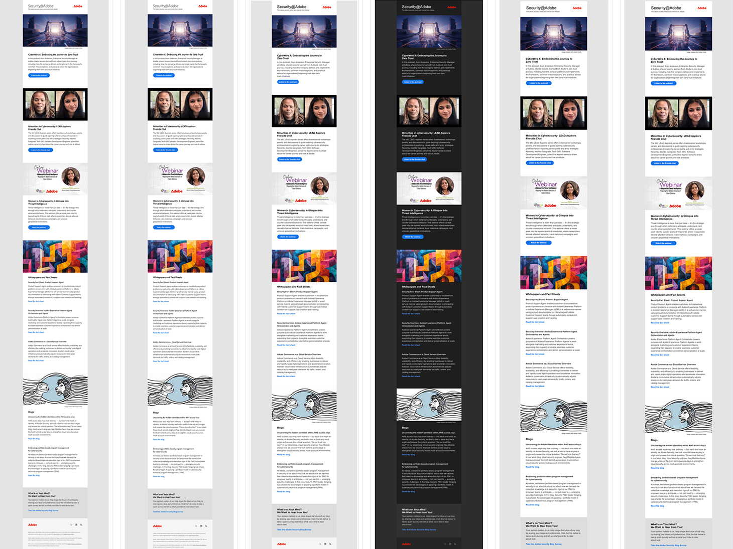 Adobe Security email newsletter layouts displayed in light and dark themes within Email on Acid testing interface.