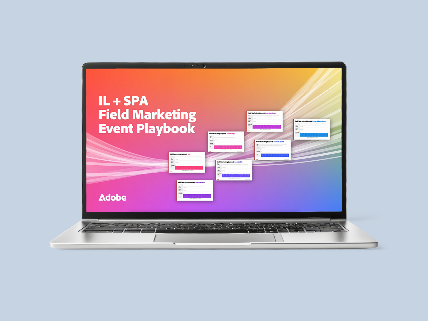 Video animation of Adobe Field Marketing Event Playbook homepage zooming into individual subpages and content sections.