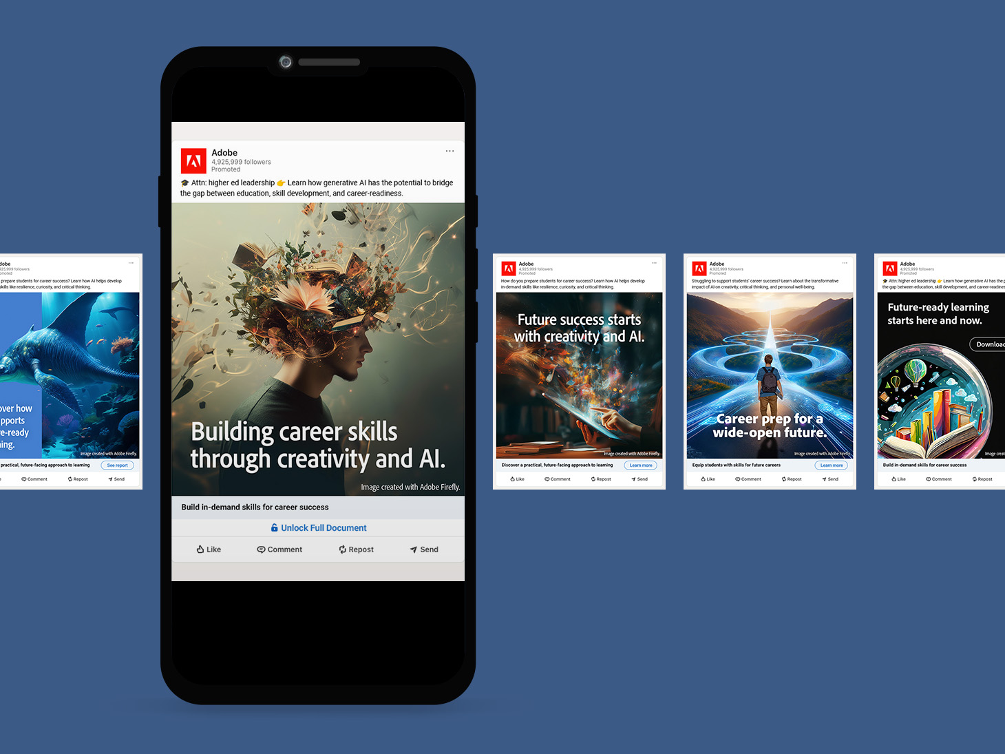 Adobe social media advertising series displayed across mobile format highlighting creativity and AI messaging.