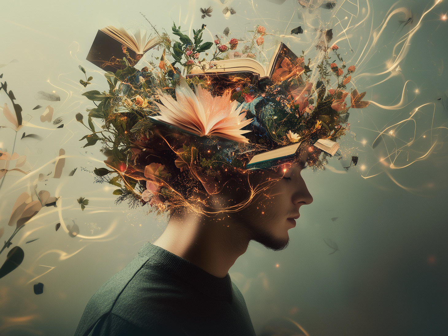 Sales & marketing materials section link featuring conceptual portrait with books and creative elements.
