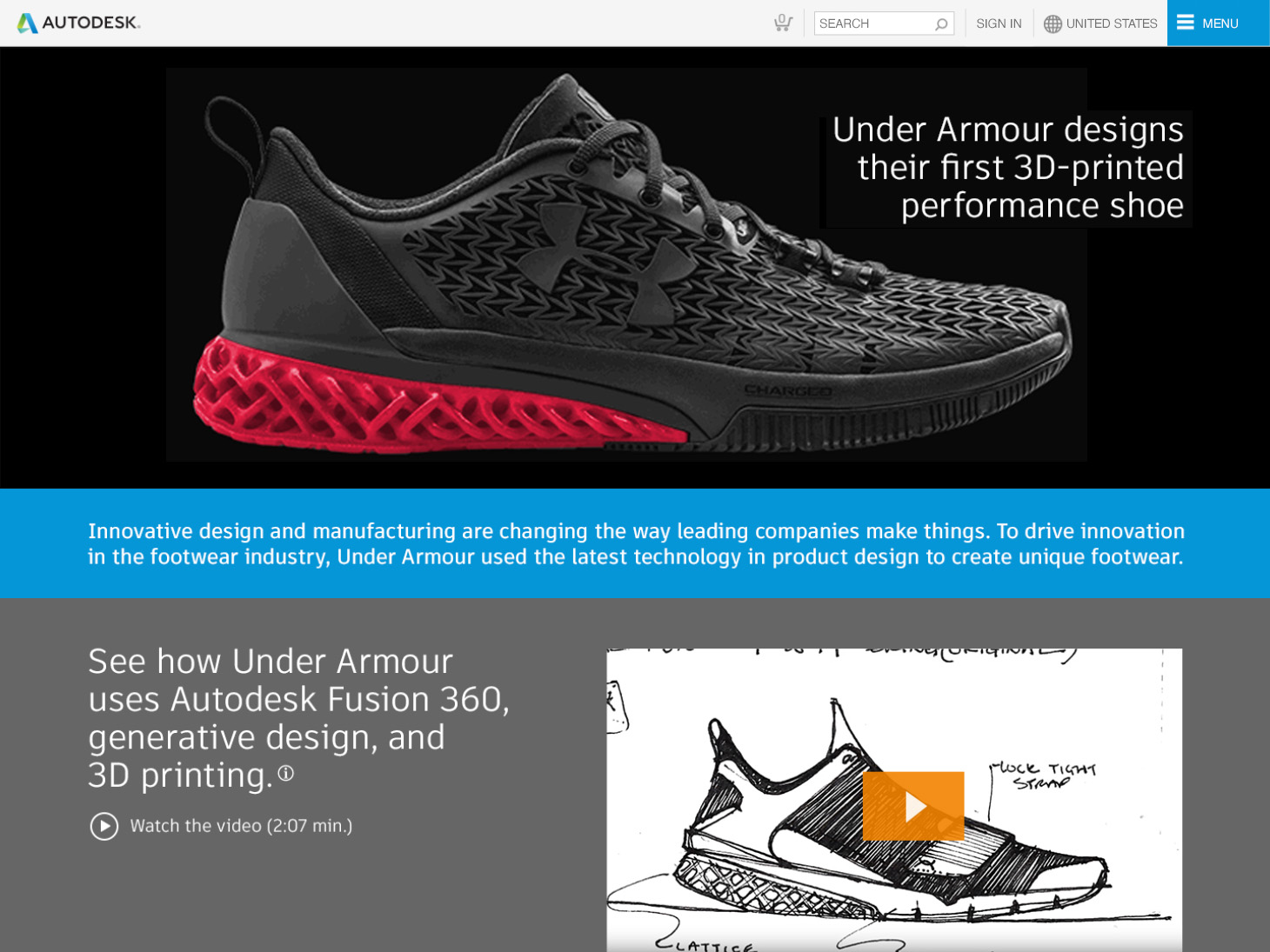 3D-printed Under Armour performance shoe featured on Autodesk webpage with product headline and video preview below.