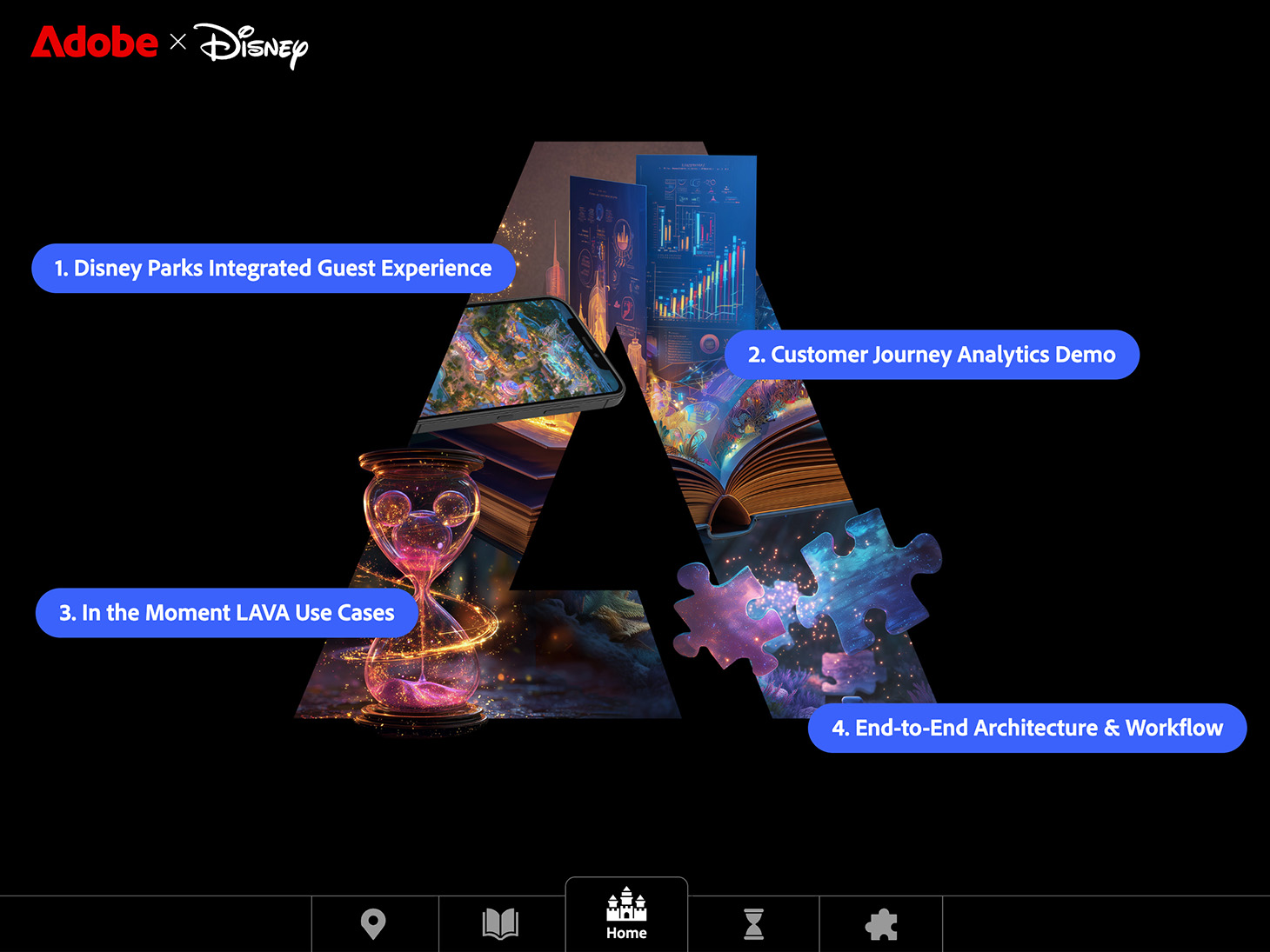 Adobe and Disney branded presentation screen featuring a stylized letter A with labeled experience modules.