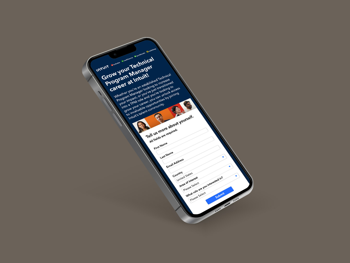 Mobile mockup of Intuit technical program manager registration form displayed on smartphone screen.