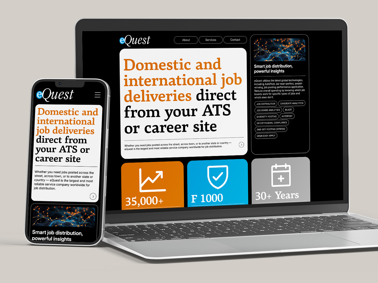 Responsive eQuest website displayed on laptop and mobile devices showing job distribution services homepage.
