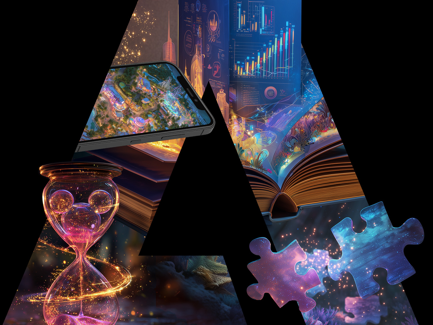 Web design & development section link featuring stylized “A” filled with digital interface and data visuals.